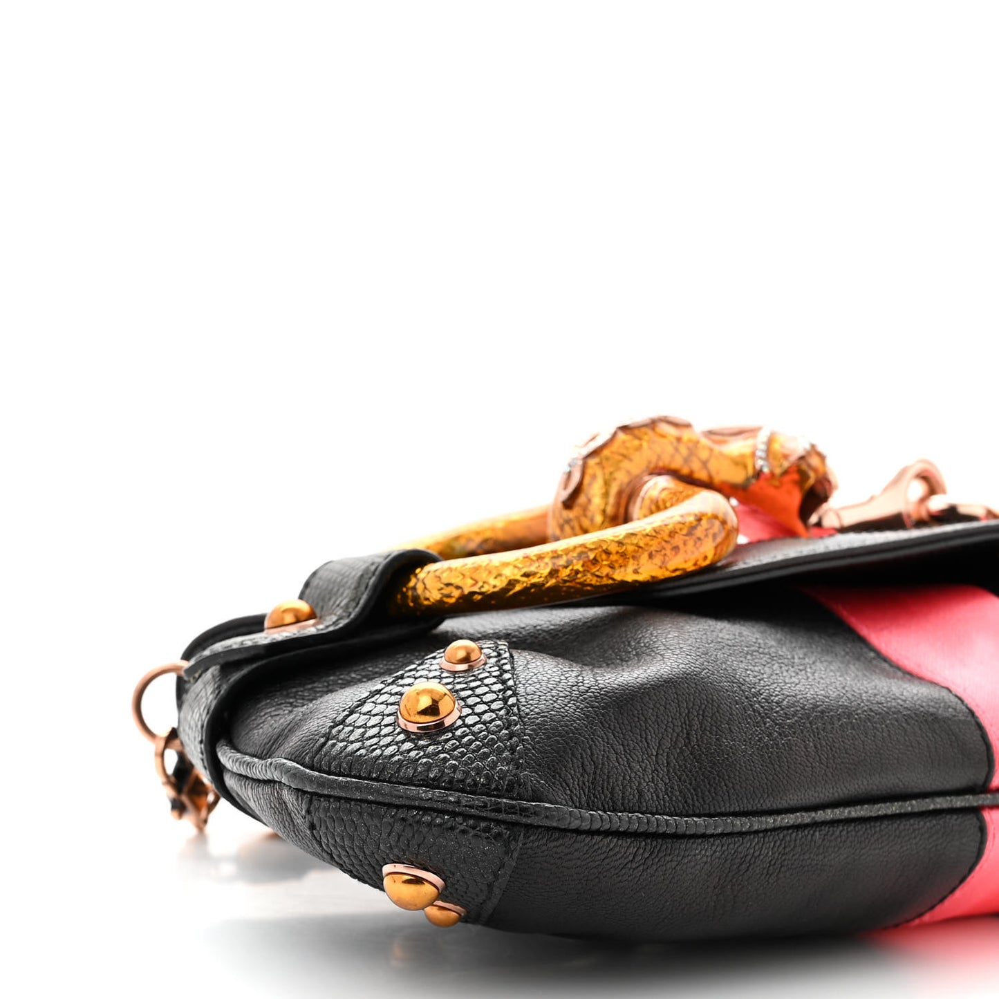 Calfskin Lizard Satin Studded Crystal Horsebit Clutch Pink Black