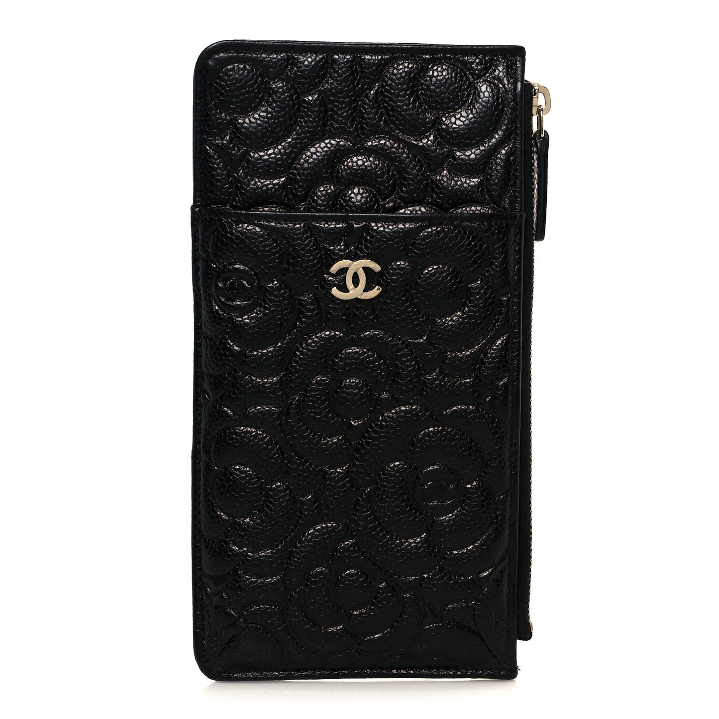 Caviar Camellia Embossed Classic Flat Wallet Pouch Black