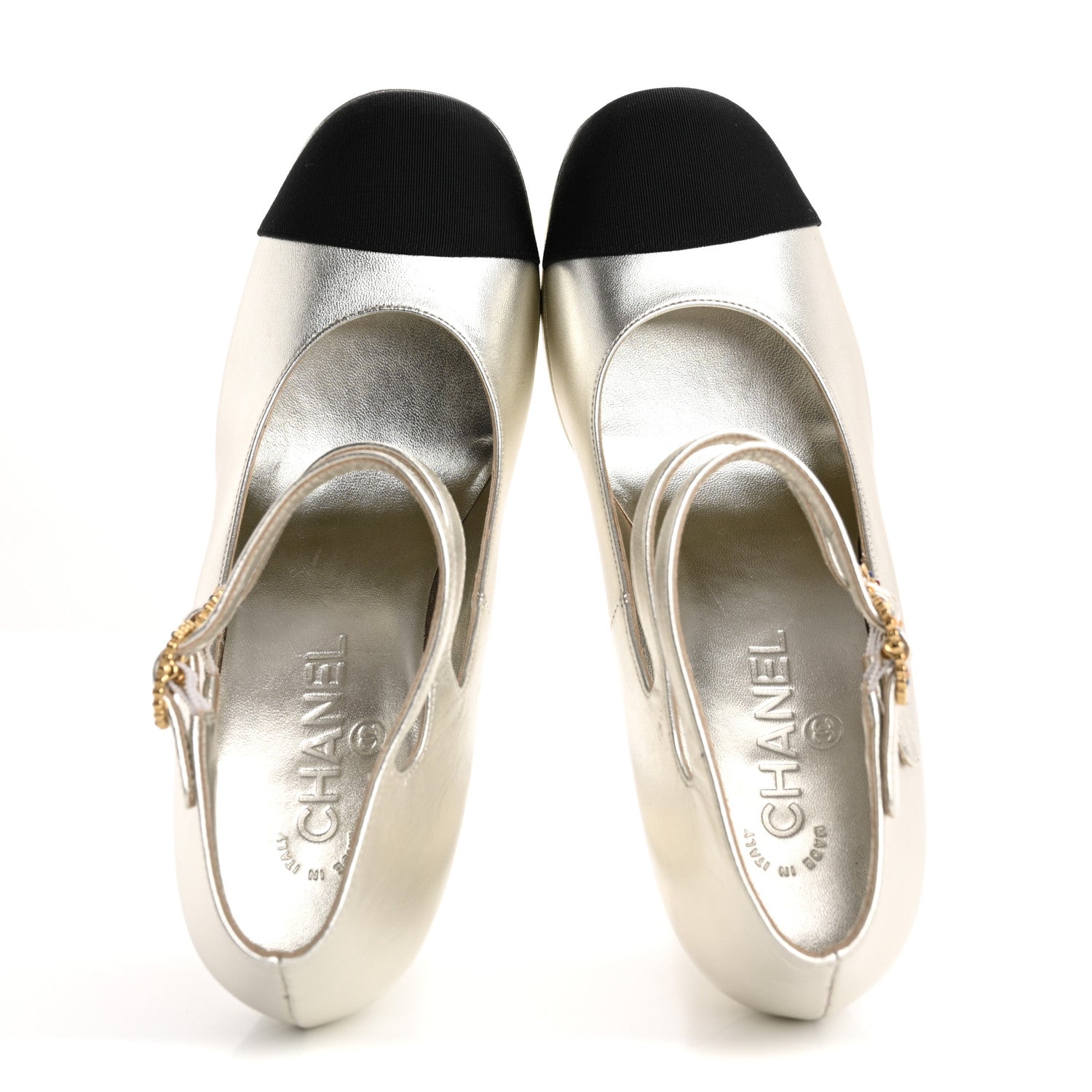 Chanel Laminated Lambskin Grosgrain Cap Toe CC Mary Jane Pumps 38 Silver Black 2 of 14