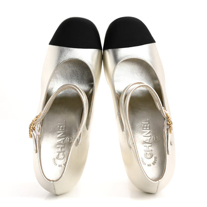 Chanel Laminated Lambskin Grosgrain Cap Toe CC Mary Jane Pumps 38 Silver Black 2 of 14