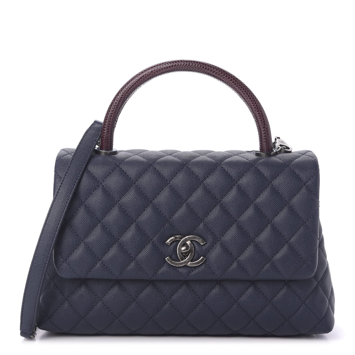 Caviar Lizard Quilted Small Coco Handle Flap Navy