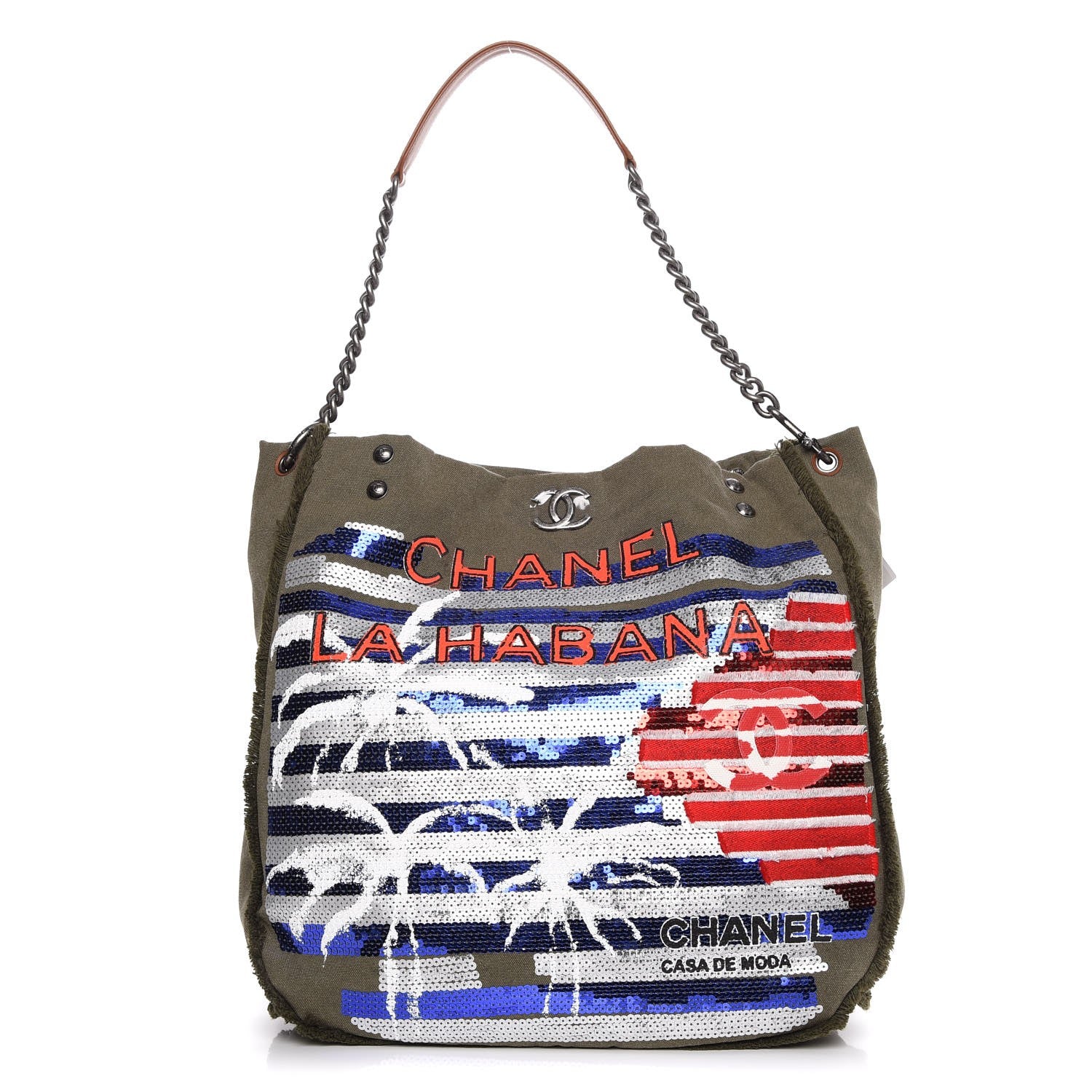 Chanel Canvas Sequins Cubano Trip Hobo Khaki 1 of 7