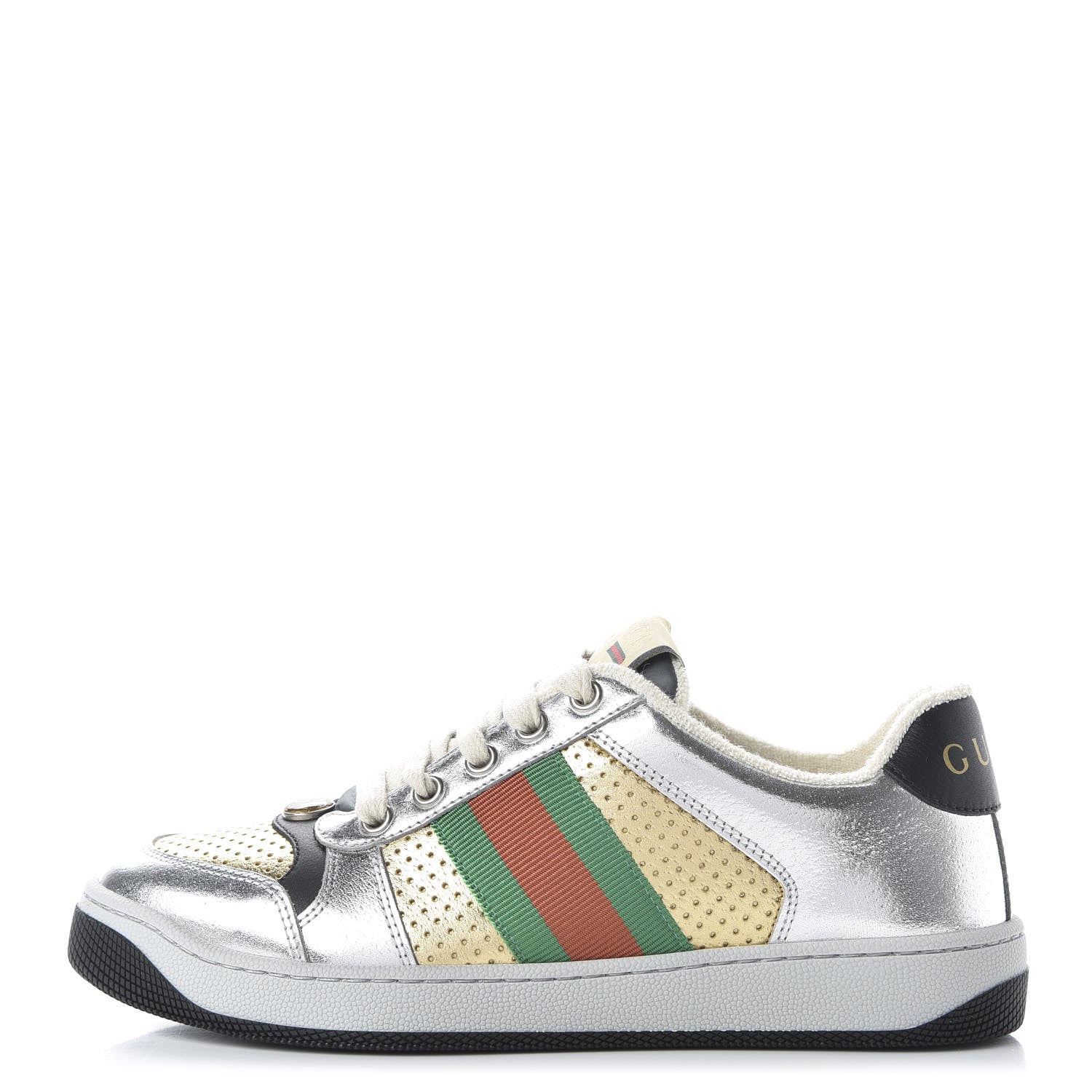 Gucci Metallic Calfskin Web Womens Screener Sneakers 36 Silver Gold Black 1 of 8