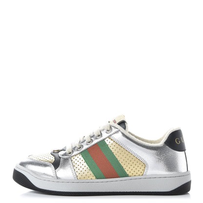 Gucci Metallic Calfskin Web Womens Screener Sneakers 36 Silver Gold Black 1 of 8