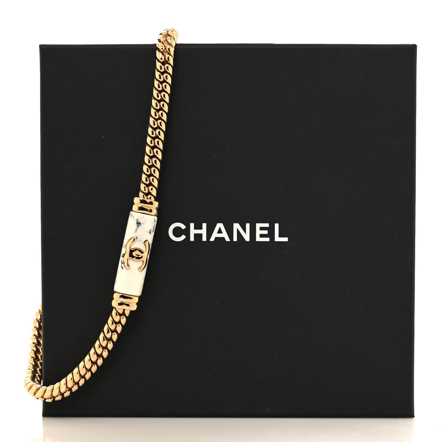 Chanel Metal Marble CC Chain Choker Necklace Gold White Gray 5 of 5