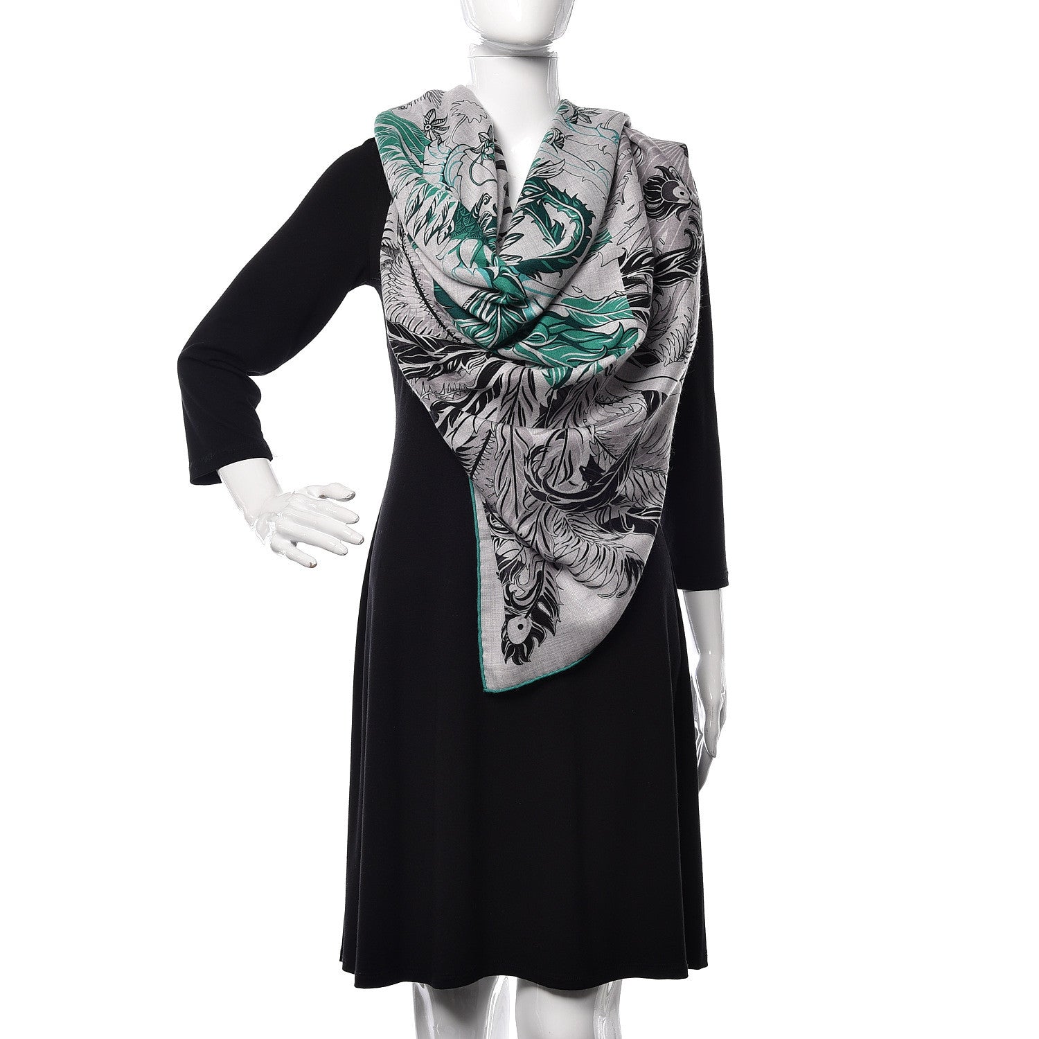Hermes Cashmere Silk Mythiques Phoenix Coloriage Shawl 140 Gris Chine Black Vert 2 of 5