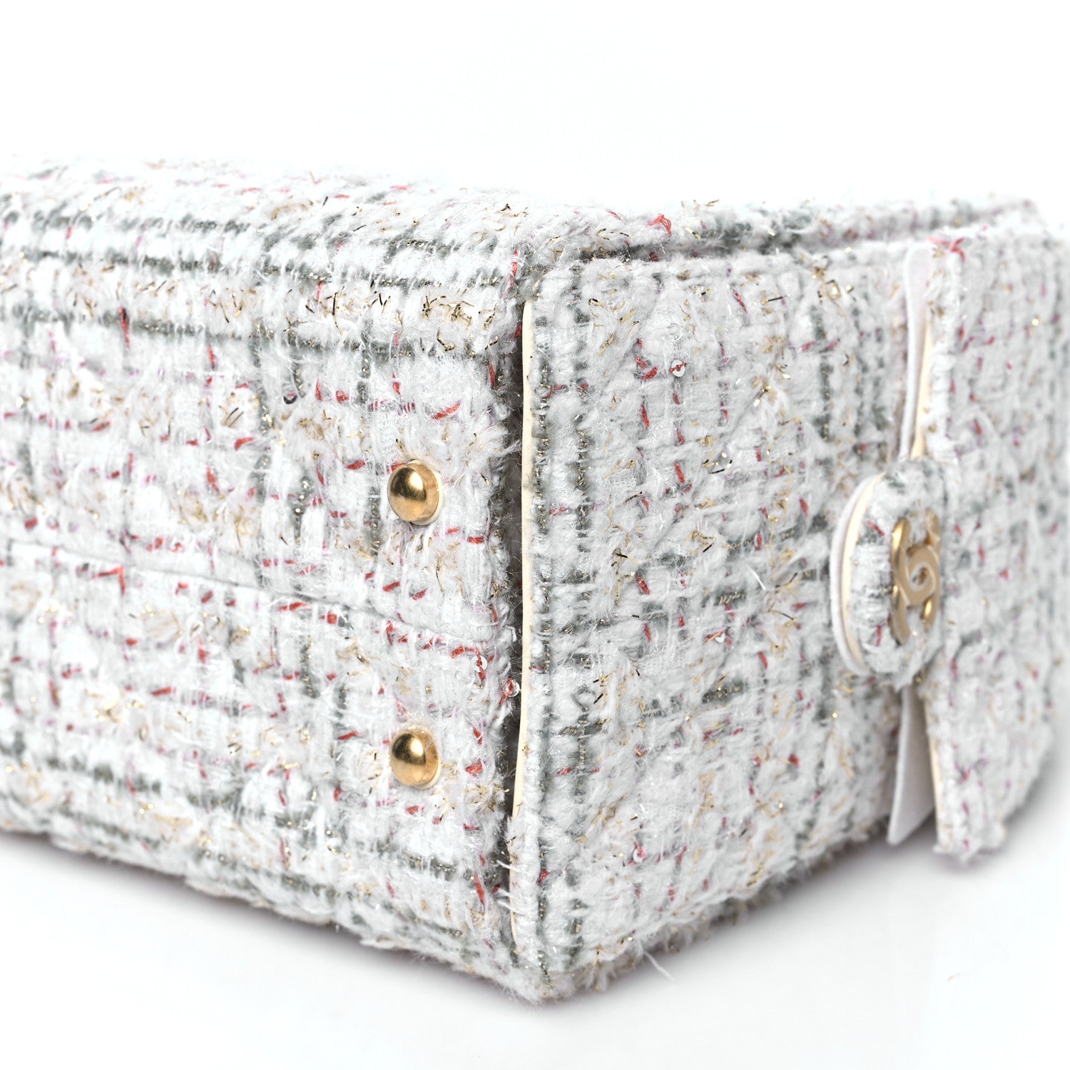 Chanel Tweed Quilted Small Chanel 25 Handbag Ecru Khaki Gold Red 10 of 10