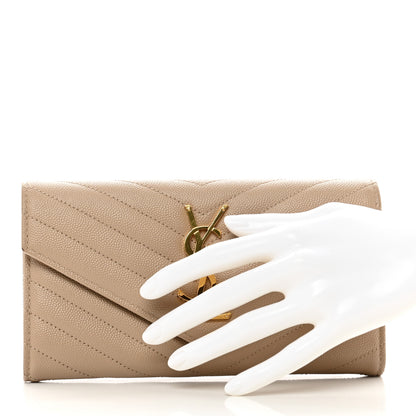 Saint Laurent Grain De Poudre Matelasse Chevron Monogram Flap Wallet Dark Beige 2 of 9