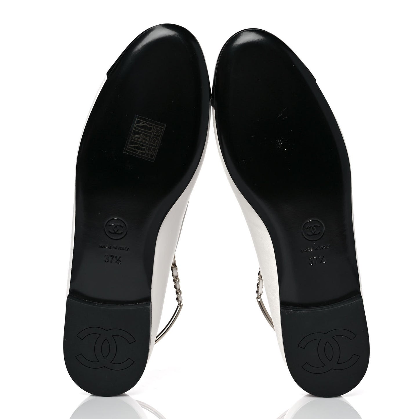 Lambskin Patent Calfskin Cap Toe Ankle Chain Ballerina Flats 37.5 White Black