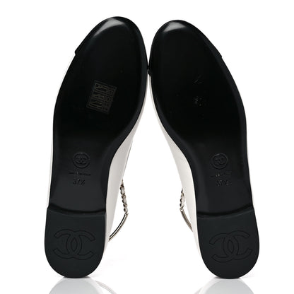 Chanel Lambskin Patent Calfskin Cap Toe Ankle Chain Ballerina Flats 37.5 White Black 5 of 10