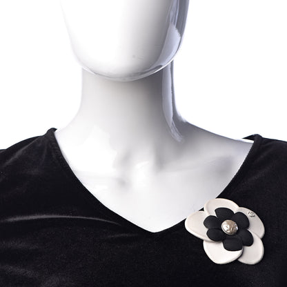 Chanel Lambskin Grosgrain Camellia Brooch Black White 2 of 5