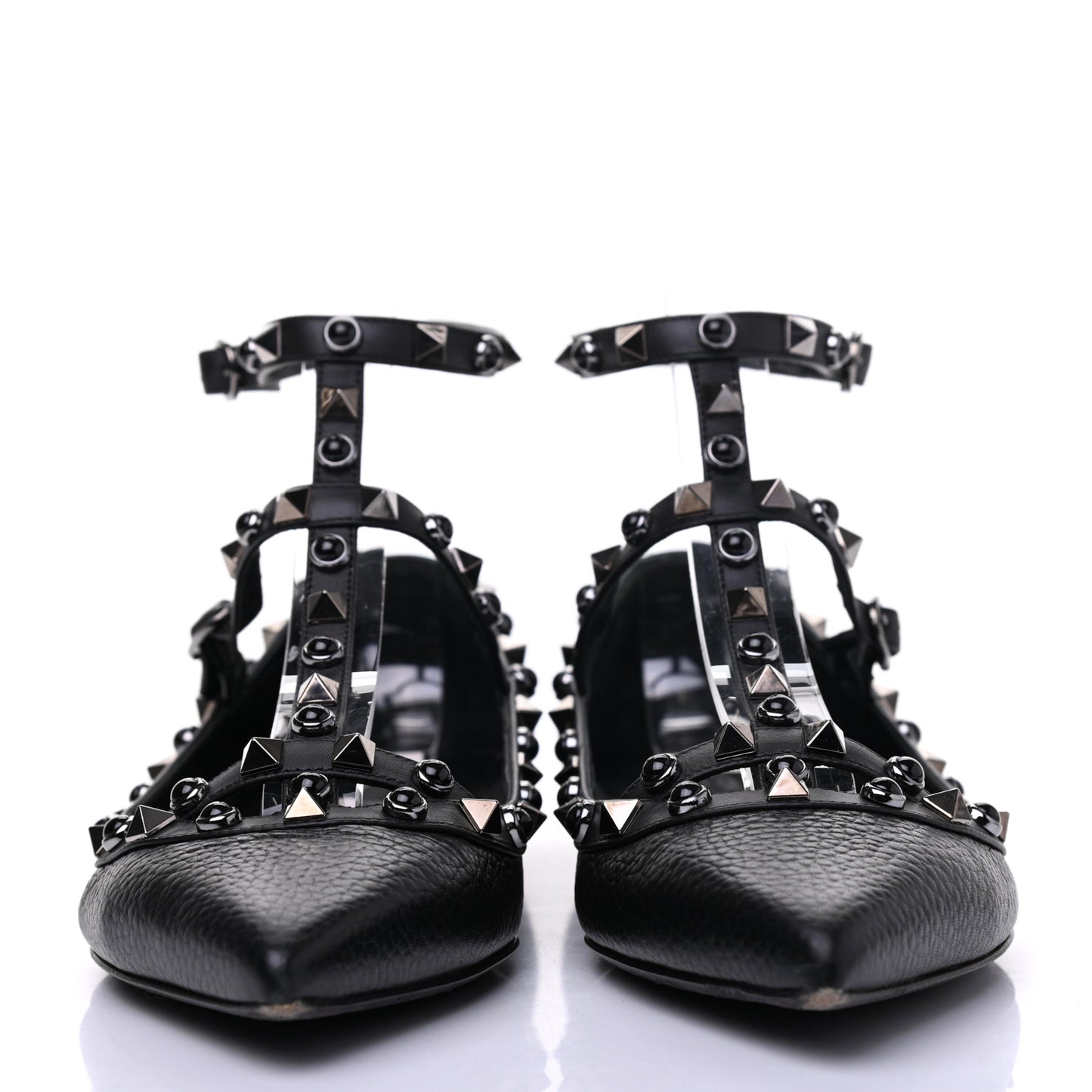 Pebbled Calfskin Onyx Rockstud Rolling Cage Ballerina Flats 38 Black