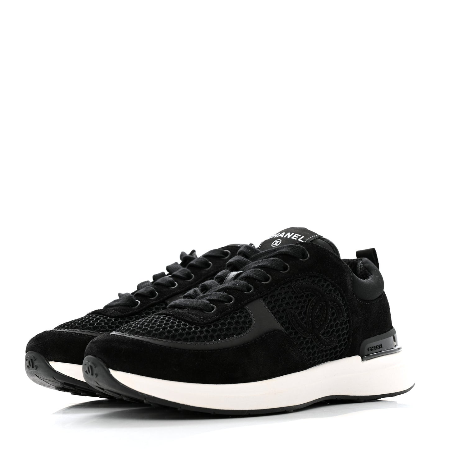 Mesh Suede Calfskin Fabric CC Womens Sneakers 37.5 Black