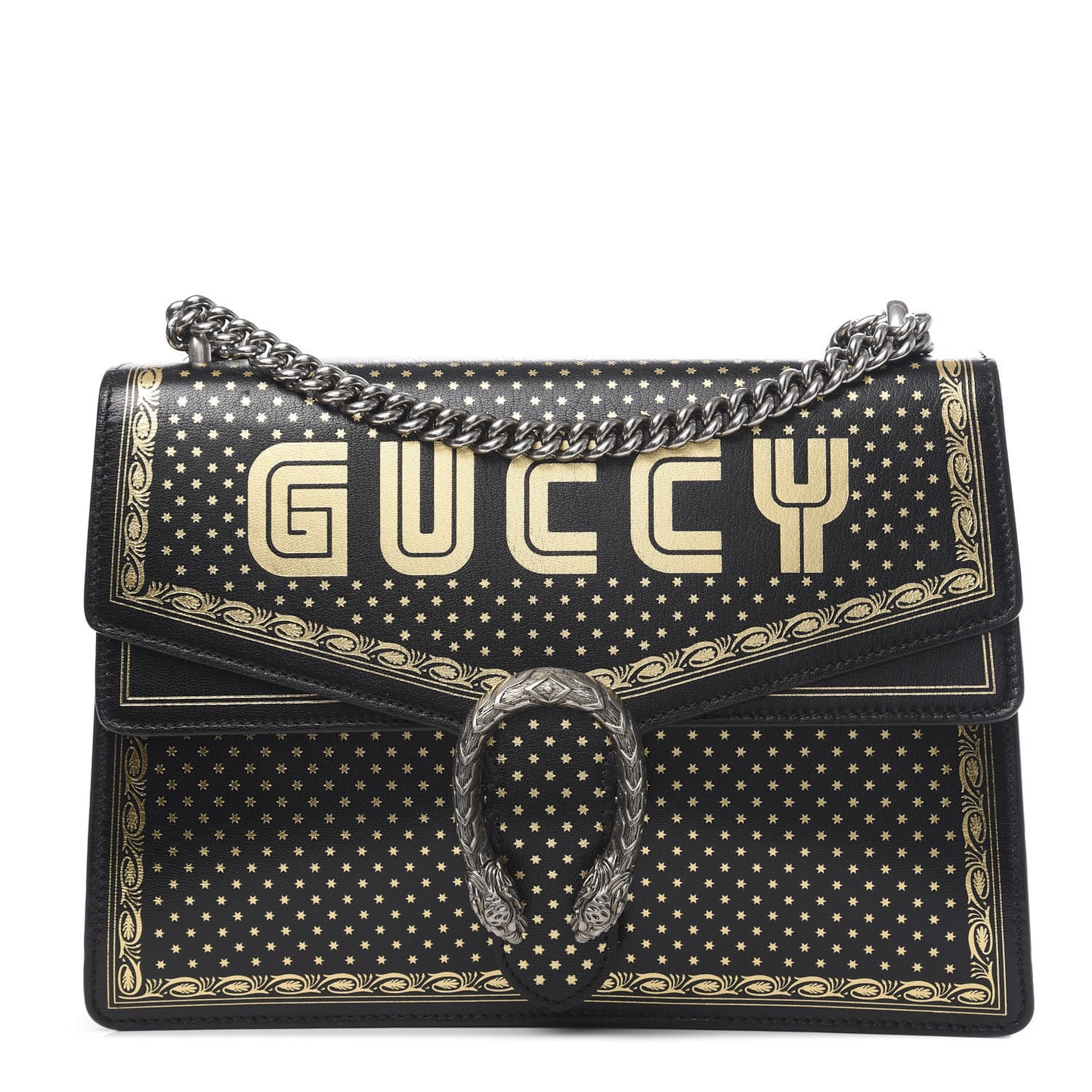 X SEGA Calfskin GUCCY Stars Medium Dionysus Shoulder Bag Black Gold