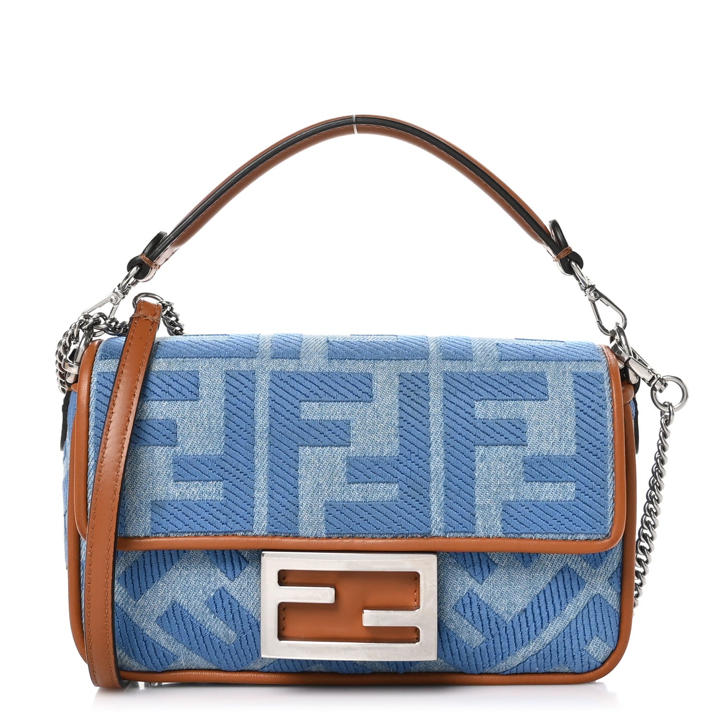 Denim Vitello King FF Embroidered Mini Baguette Denim Chiaro Brandy