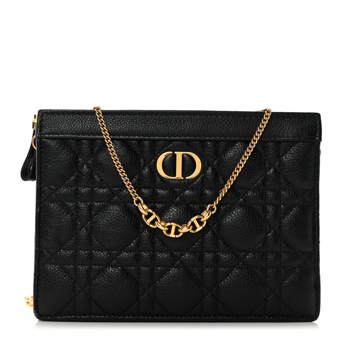 Calfskin Cannage Caro Zipped Pouch With Chain Black