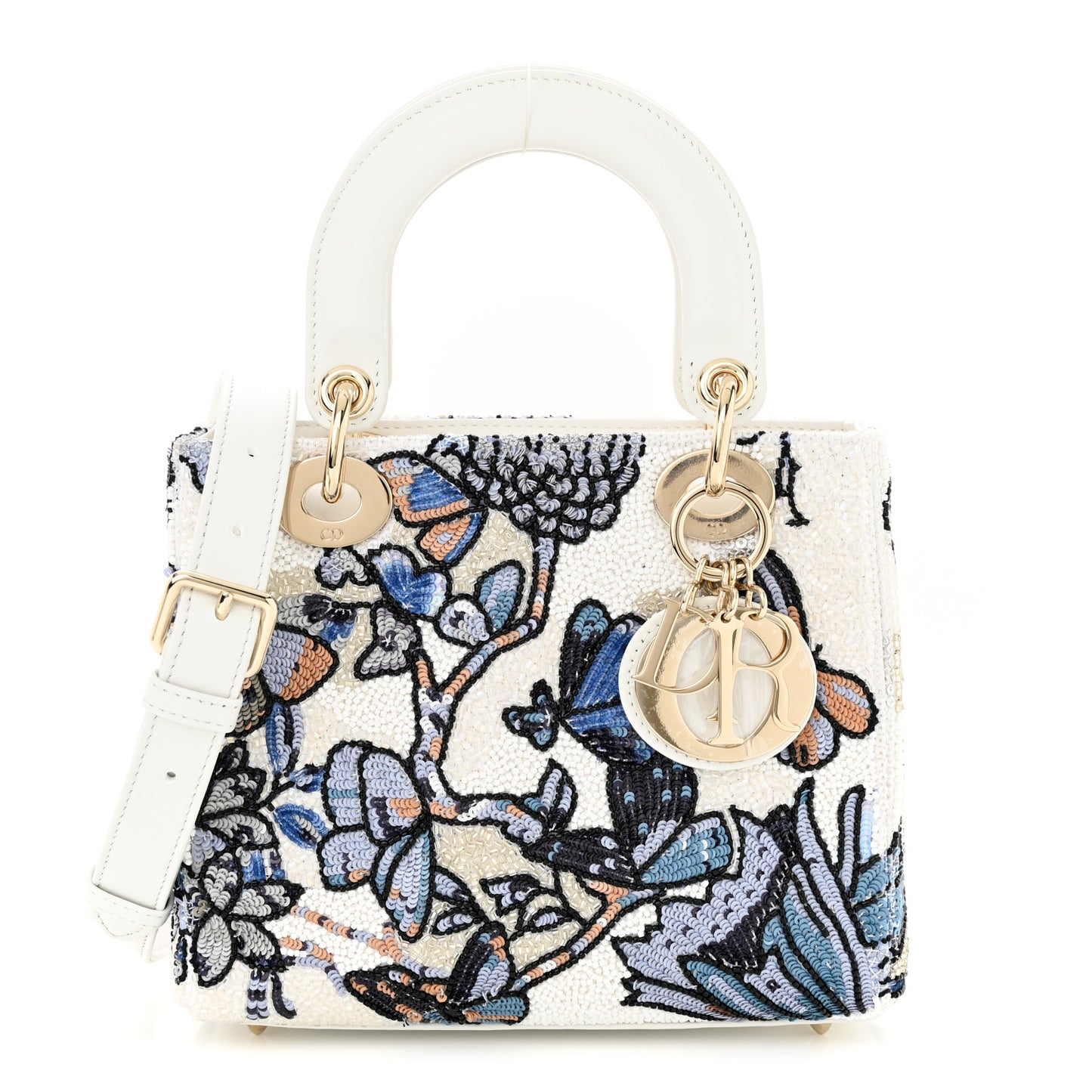 CHRISTIAN DIOR Calfskin Toile De Jouy Beaded Sequin Embroidered Small Mexico Lady Dior White Pastel Midnight Blue