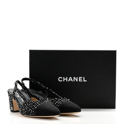 Chanel Tweed Grosgrain Cap Toe CC Slingback Pumps 38.5 Black White 12 of 12