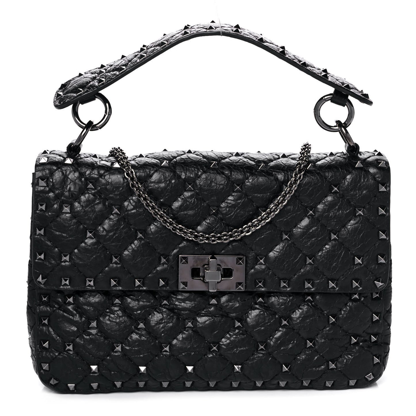 Craquele Nappa Medium Rockstud Spike Shoulder Bag Black