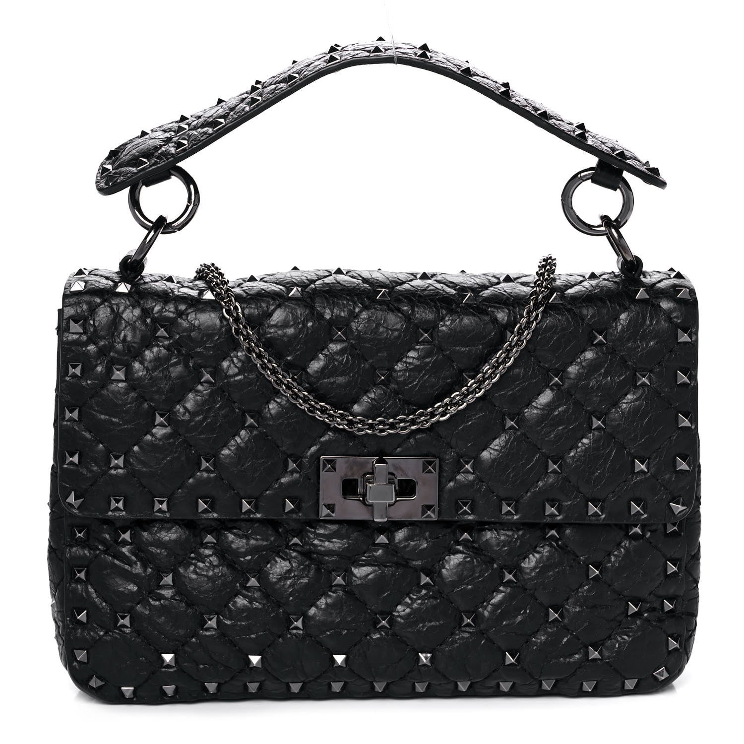 Valentino Garavani Craquele Nappa Medium Rockstud Spike Shoulder Bag Black 1 of 10