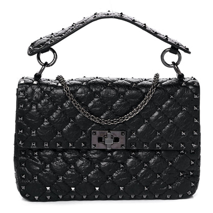 Valentino Garavani Craquele Nappa Medium Rockstud Spike Shoulder Bag Black 1 of 10