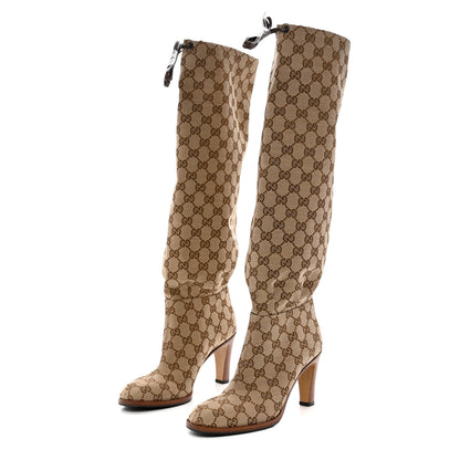 Gucci Monogram Malaga Kid Lisa Mid Heel Boots 37.5 Beige Ebony 3 of 7