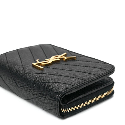 Saint Laurent Grain De Poudre Matelasse Chevron Monogram Compact Zip Around Wallet Black 11 of 12