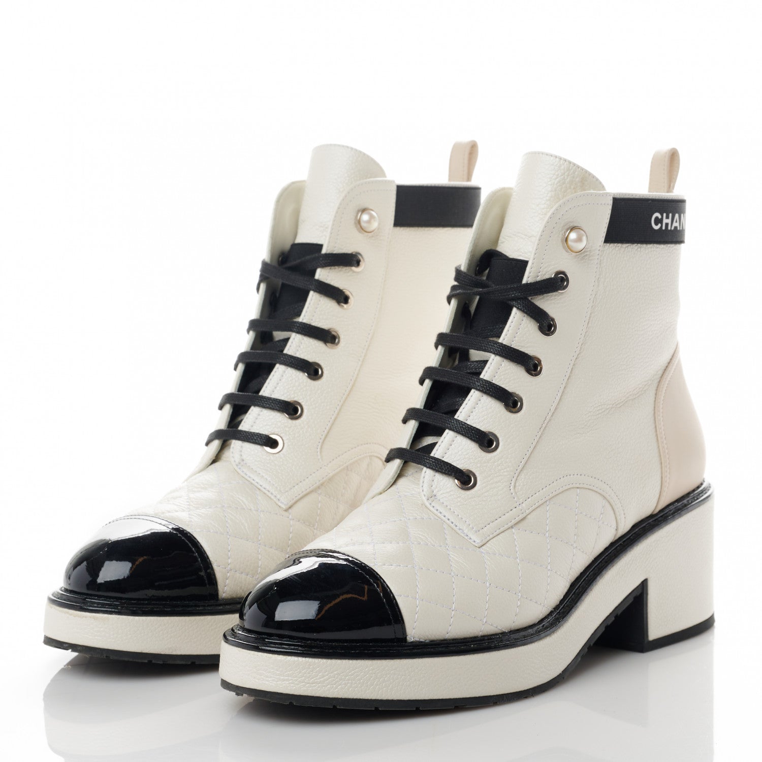Chanel Pearly Calfskin Patent Calfskin Quilted Lace Up Boots 39.5 White Light Gray Black 2 of 11