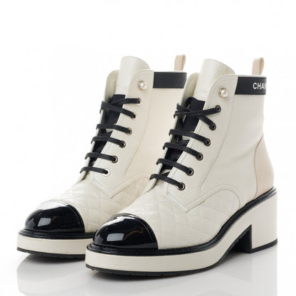 Chanel Pearly Calfskin Patent Calfskin Quilted Lace Up Boots 39.5 White Light Gray Black 2 of 11