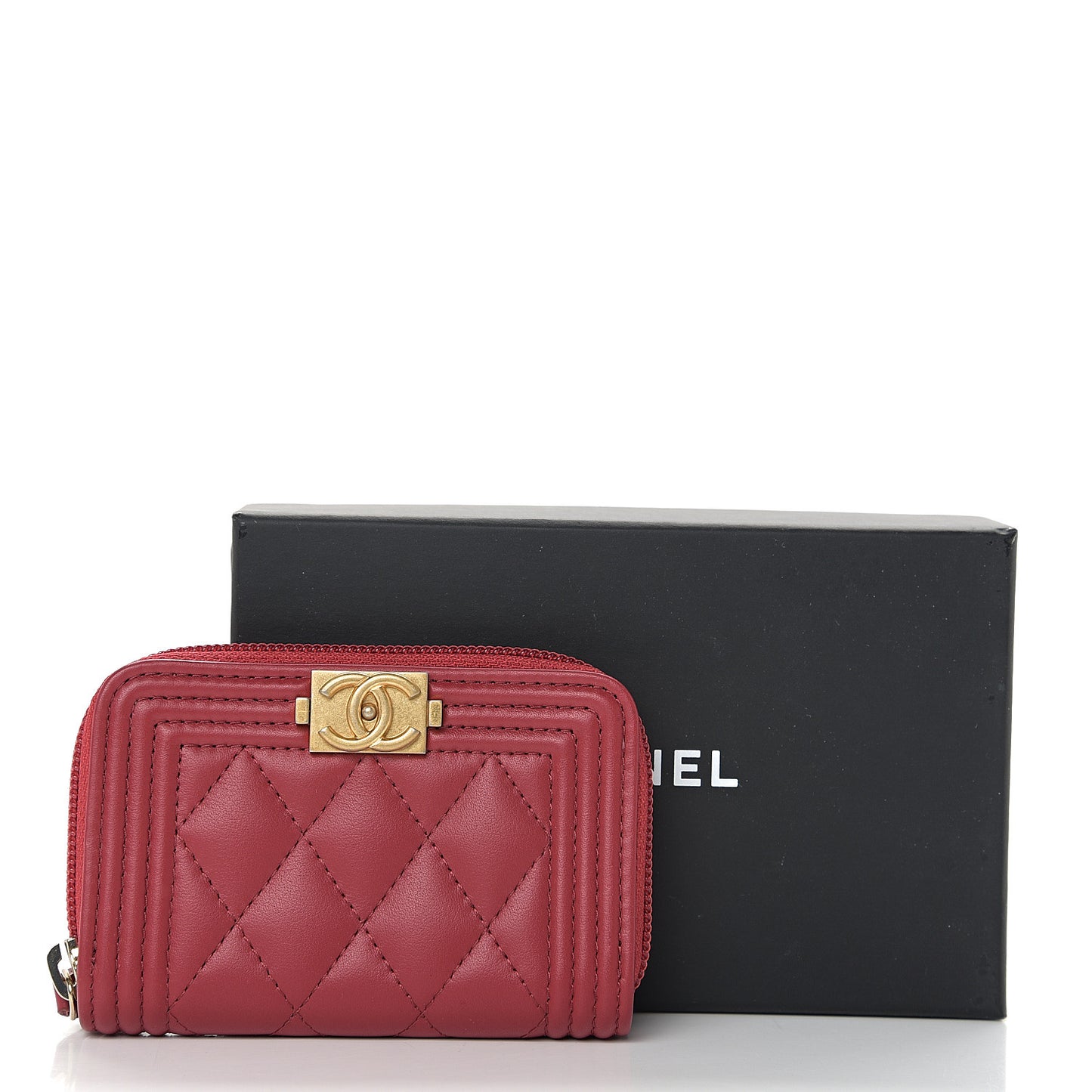Lambskin Quilted Zip Around Boy Coin Purse Wallet Red