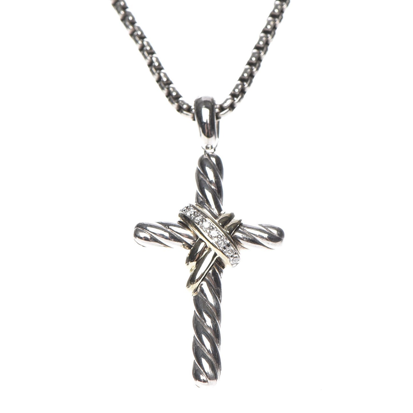 Sterling Silver 14K Yellow Gold Diamond 32mm X Cross Pendant Necklace