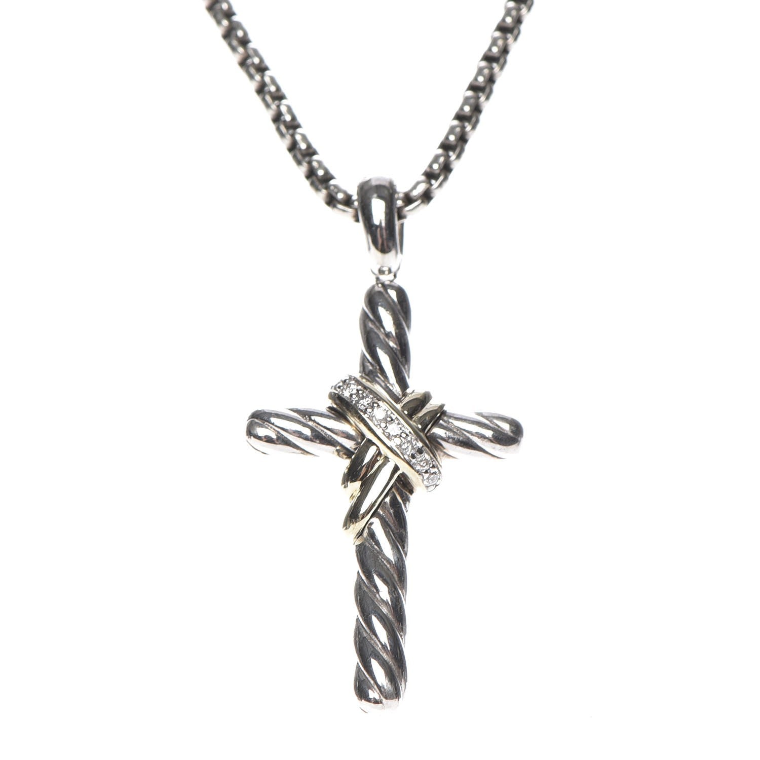 David Yurman Sterling Silver 14K Yellow Gold Diamond 32mm X Cross Pendant Necklace 4 of 8