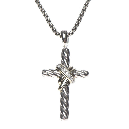 David Yurman Sterling Silver 14K Yellow Gold Diamond 32mm X Cross Pendant Necklace 4 of 8