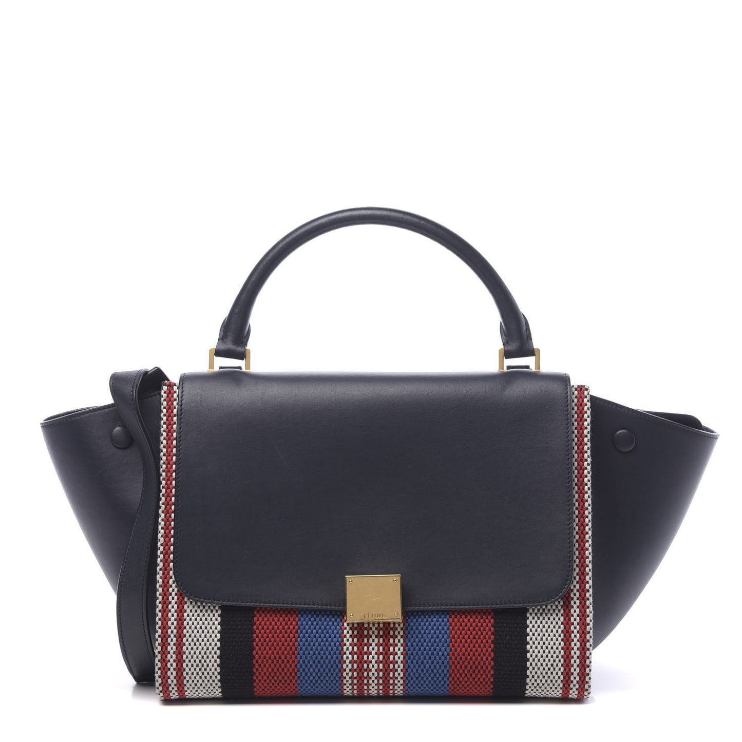 Smooth Calfskin Textile Striped Medium Trapeze Navy Blue