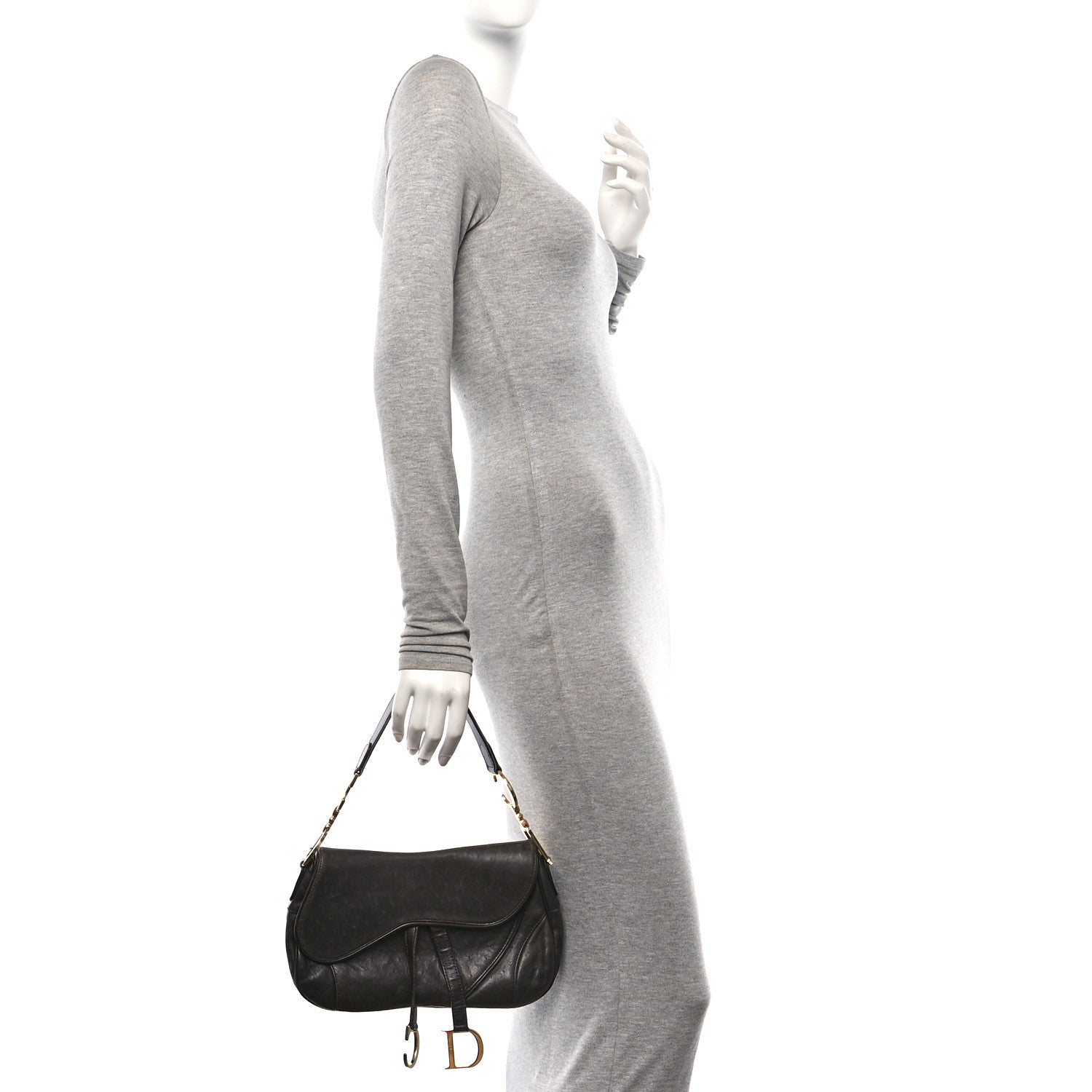Christian Dior Ostrich Embossed Double Saddle Bag Brown 2 of 11