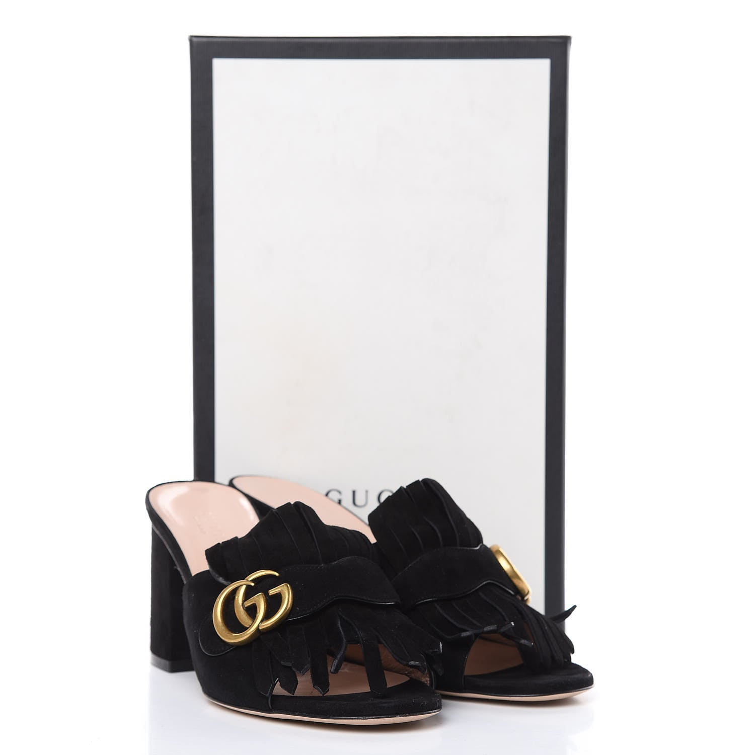 Gucci Kid Scamosciato GG Marmont Fringe 75mm Slide Sandals 39 Black 10 of 10