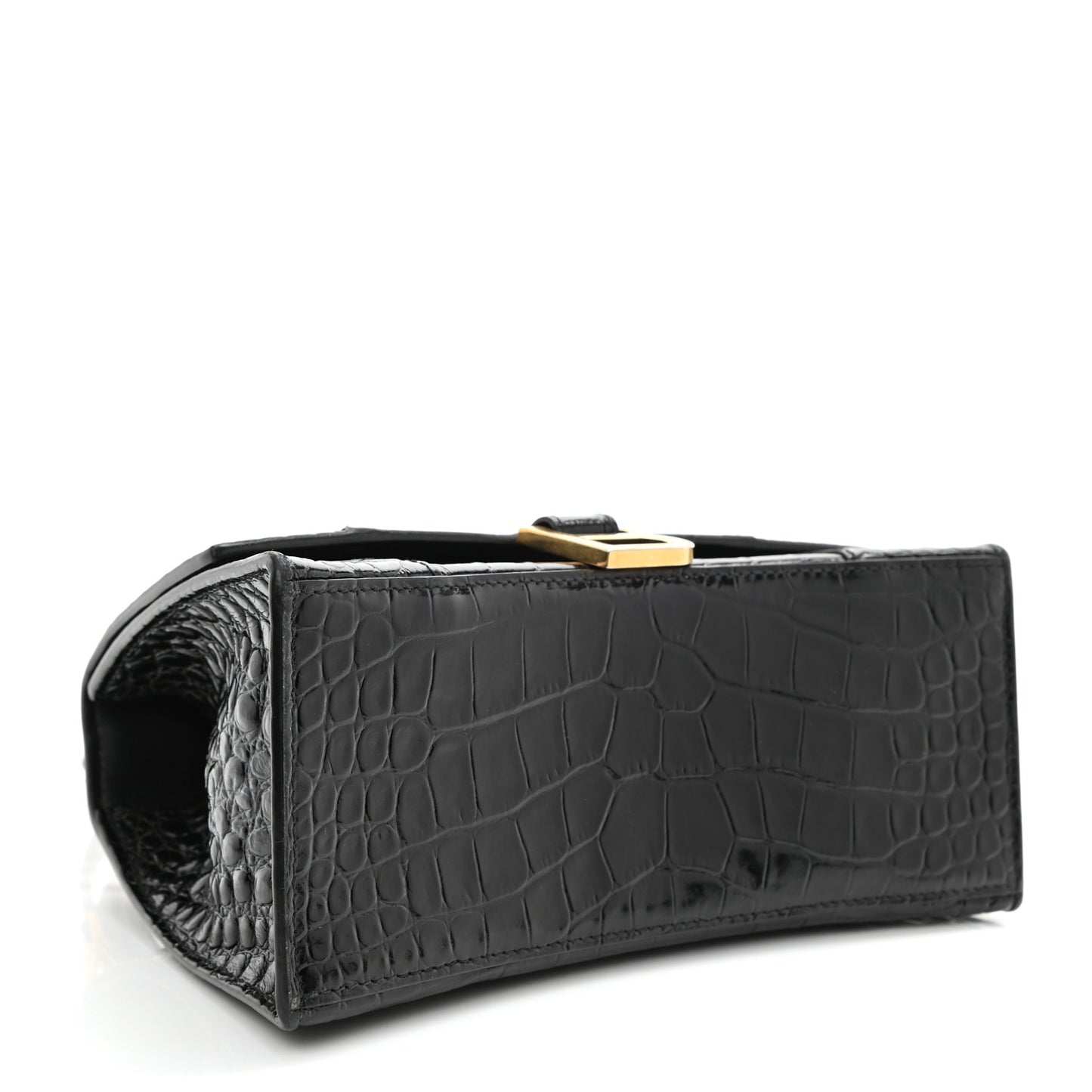 Shiny Calfskin Crocodile Embossed Small Hourglass Top Handle Bag Black