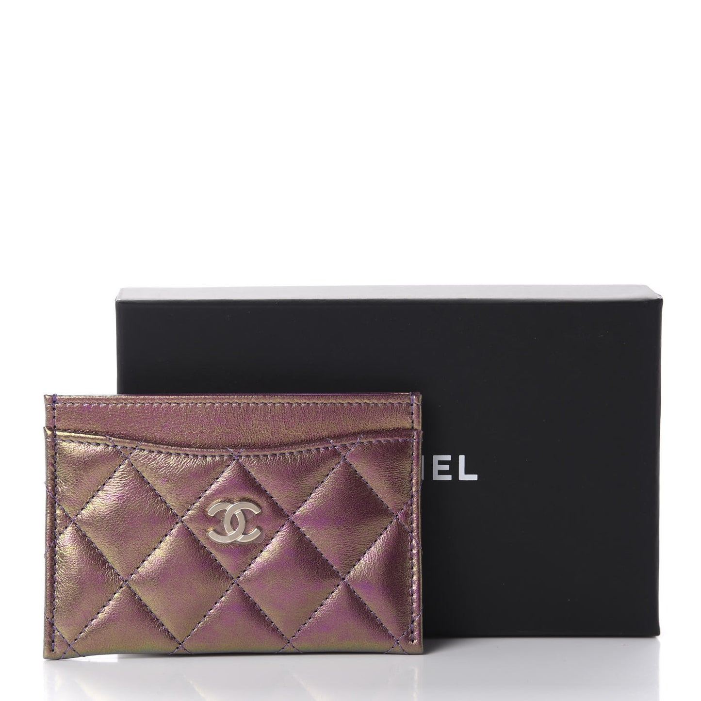 Iridescent Lambskin Quilted Card Holder Purple