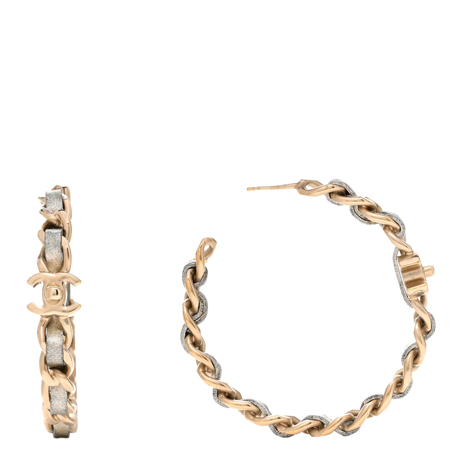 Chanel Lambskin CC Turnlock Chain Hoop Earrings Matte Gold Silver 1 of 3