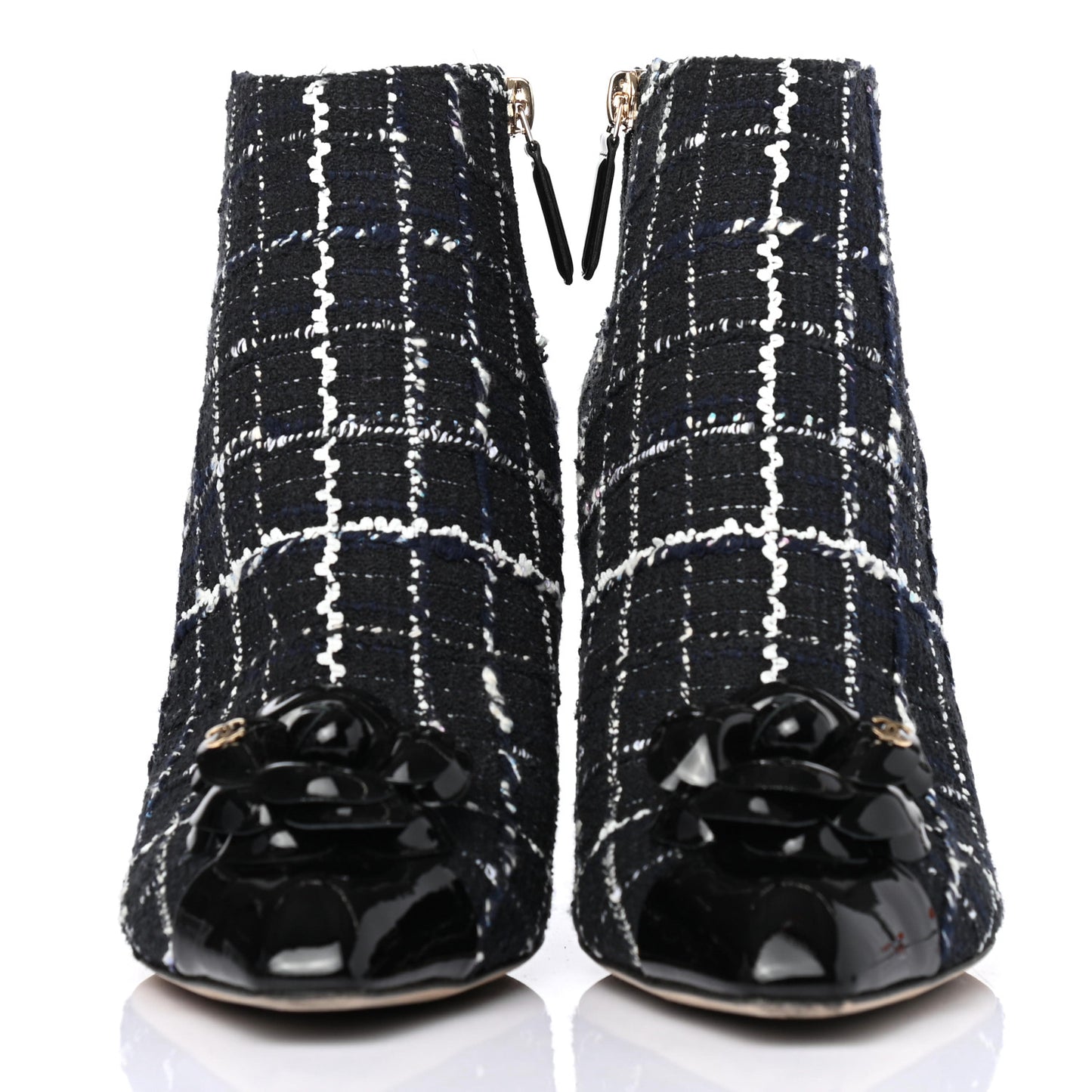 Tweed Patent Calfskin Camellia Short Boots 40 Black White