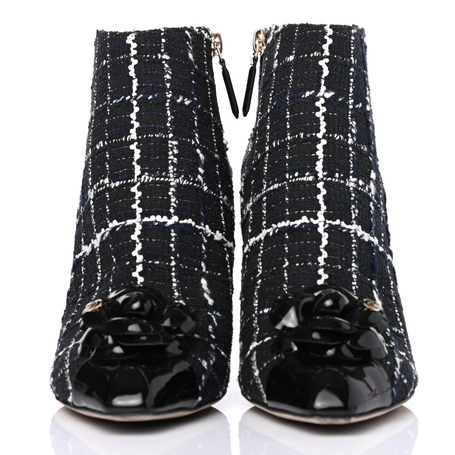 Chanel Tweed Patent Calfskin Camellia Short Boots 40 Black White 2 of 4