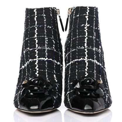 Chanel Tweed Patent Calfskin Camellia Short Boots 40 Black White 2 of 4
