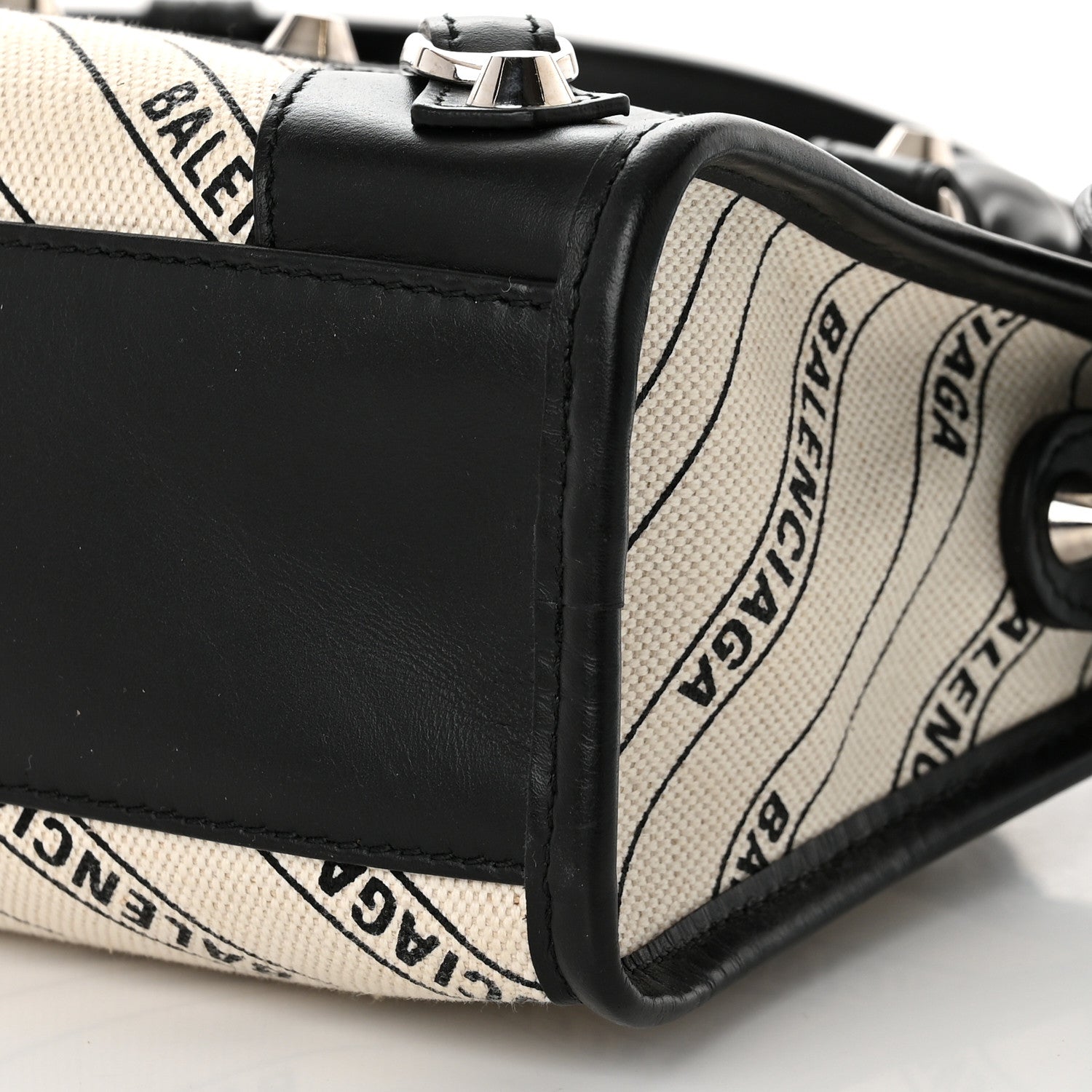 Balenciaga Canvas Satin Calfskin Diagonal Allover Logo Print Classic Silver Hardware Mini City Natural Black 9 of 9