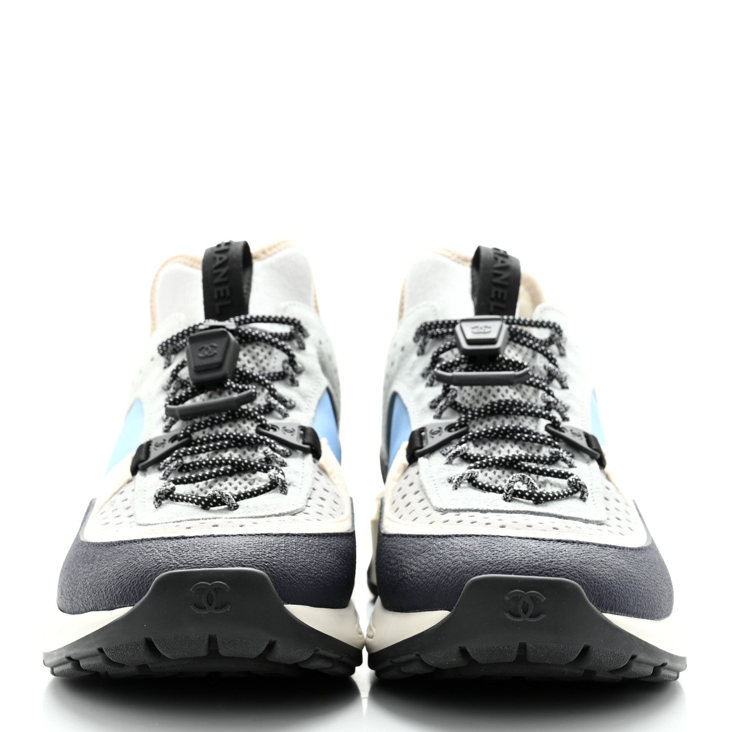 Chanel Fabric Suede Calfskin Mesh Womens CC Sneakers 40 Black Blue Ivory 2 of 8