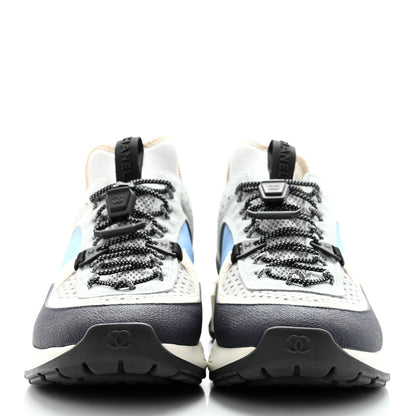 Chanel Fabric Suede Calfskin Mesh Womens CC Sneakers 40 Black Blue Ivory 2 of 8