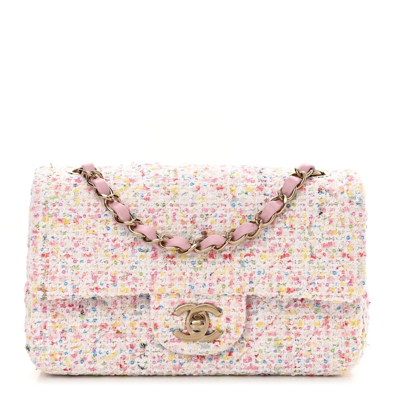 Chanel Tweed Sequin Quilted Mini Rectangular Flap White Pink Green Blue 1 of 10