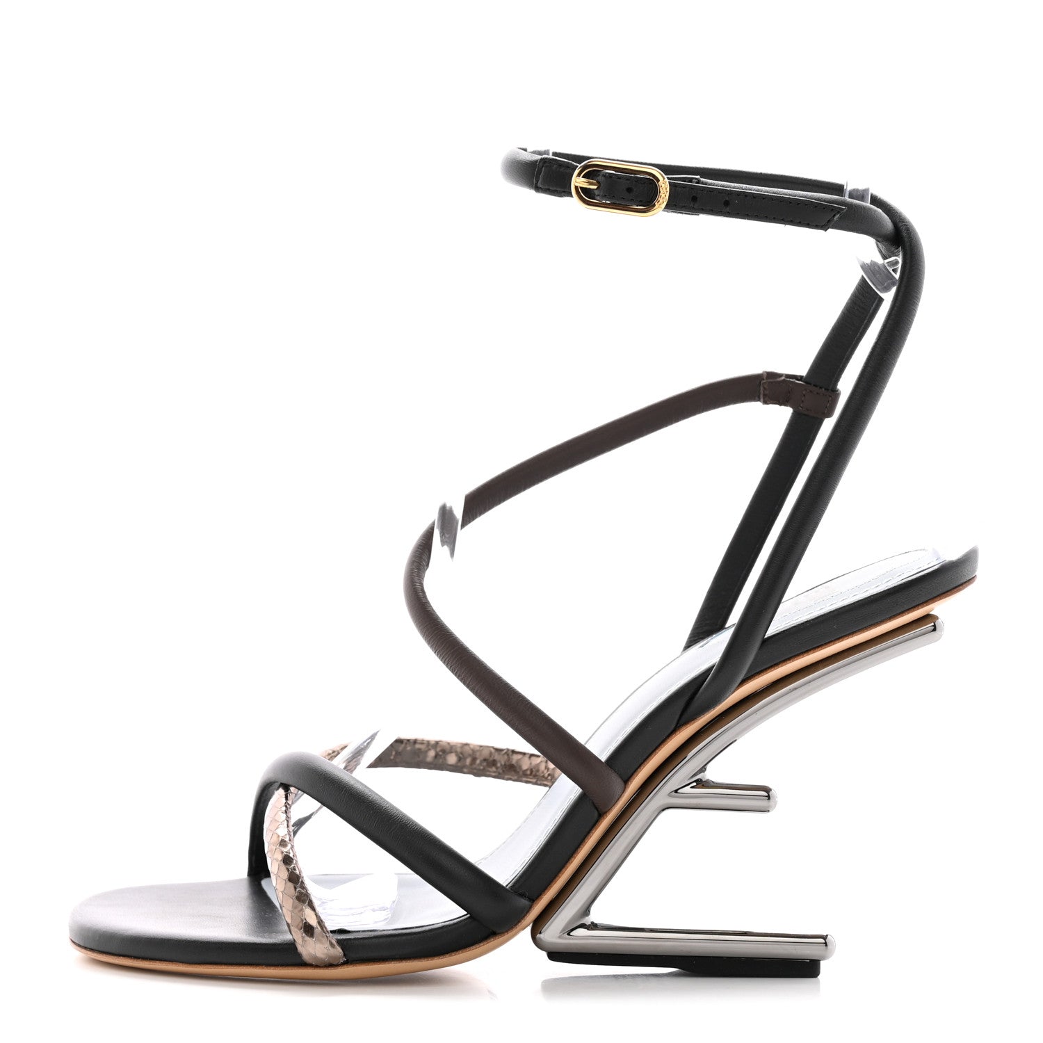 Fendi Nappa Metallic Ayers Fendi First 95mm Strappy Sandals 37 Black Chocolate Stagno 1 of 9
