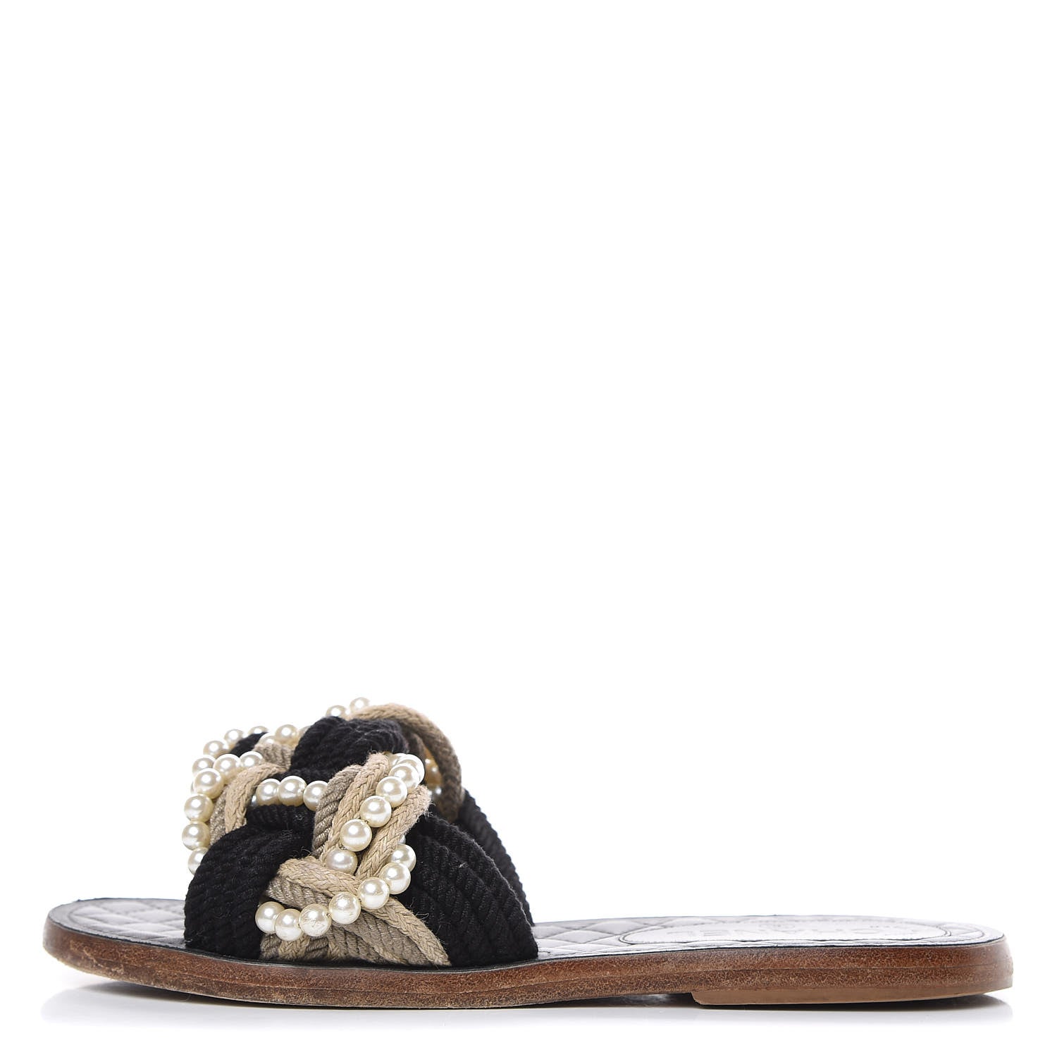 Chanel Lambskin Pearl Cord CC Mules 38 Black Beige 1 of 9