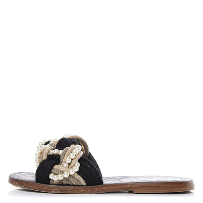 Chanel Lambskin Pearl Cord CC Mules 38 Black Beige 1 of 9