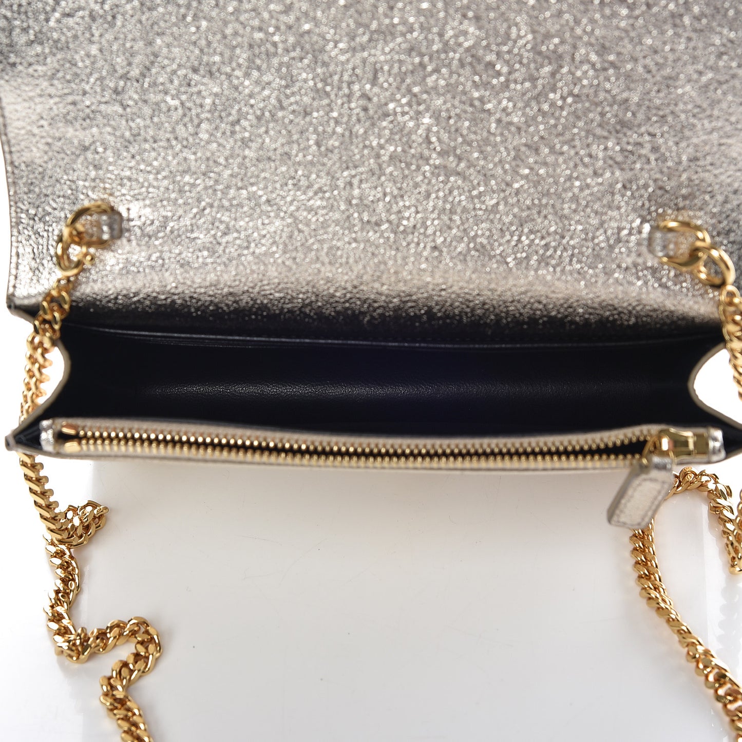 Metallic Calfskin Classic Monogram Kate Tassel Chain Wallet Platine